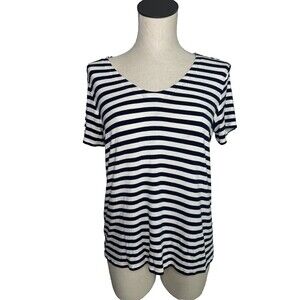 J Jill Wearever Black & White Striped V-Nexk Shirt Stretch Size Small